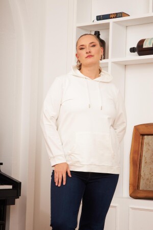 Kapşonlu Büyük Beden Beyaz Sweatshirt - 3