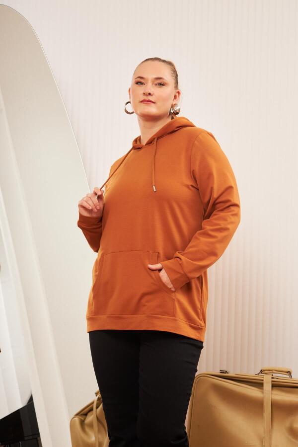 Kapşonlu Büyük Beden Camel Sweatshirt - 3