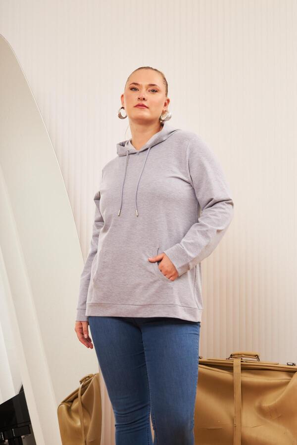 Kapşonlu Büyük Beden Gri Sweatshirt - 1