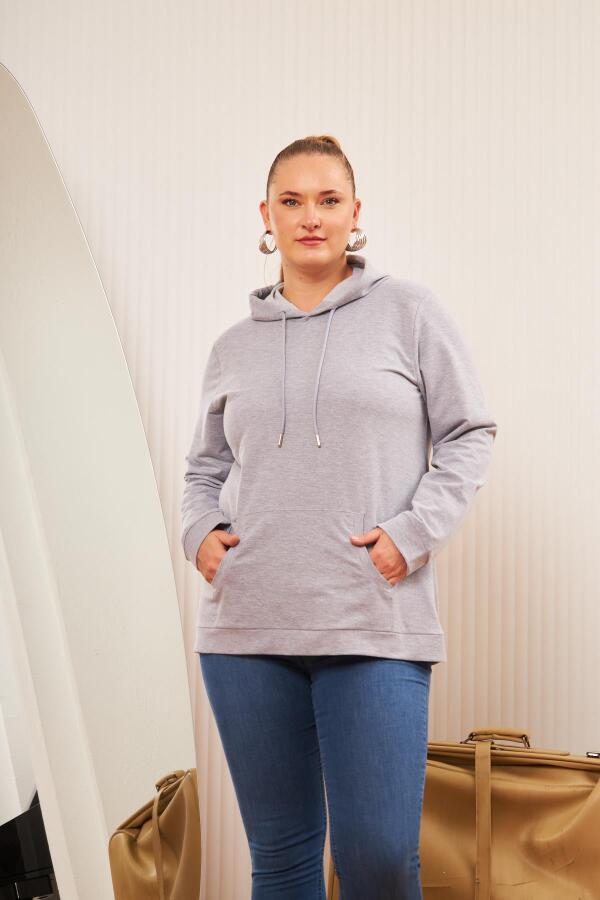 Kapşonlu Büyük Beden Gri Sweatshirt - 2