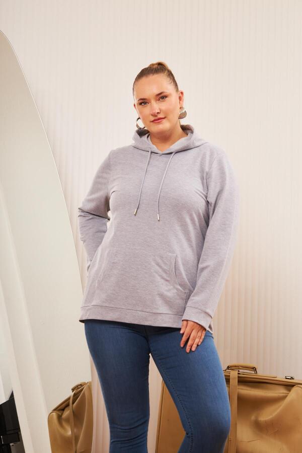 Kapşonlu Büyük Beden Gri Sweatshirt - 3