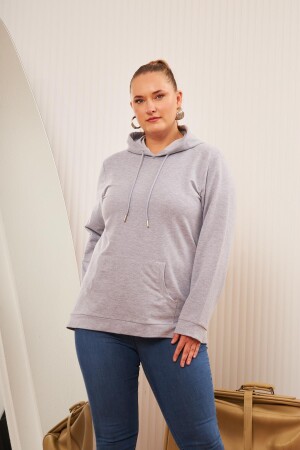 Kapşonlu Büyük Beden Gri Sweatshirt - 5