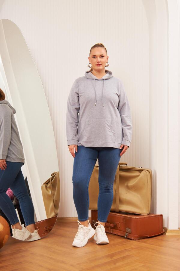 Kapşonlu Büyük Beden Gri Sweatshirt - 6