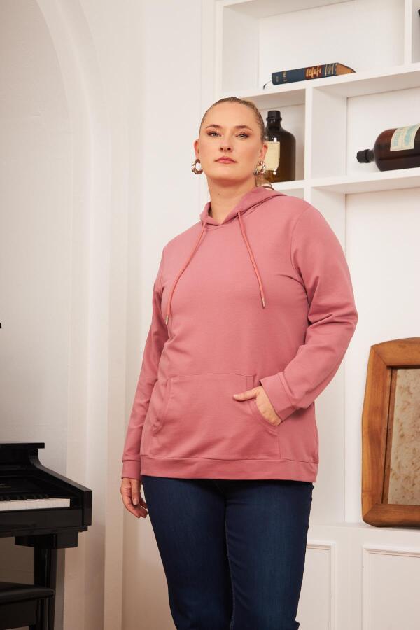 Kapşonlu Büyük Beden Gülkurusu Sweatshirt - 1