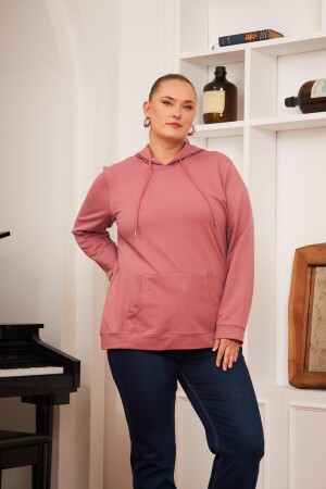 Kapşonlu Büyük Beden Gülkurusu Sweatshirt - 2