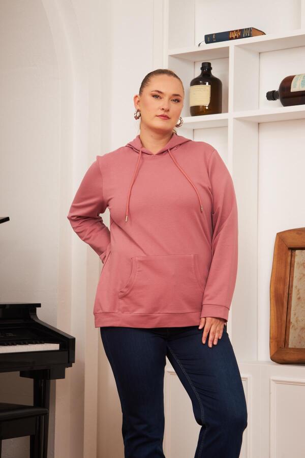 Kapşonlu Büyük Beden Gülkurusu Sweatshirt - 2