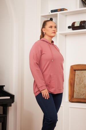 Kapşonlu Büyük Beden Gülkurusu Sweatshirt - 4