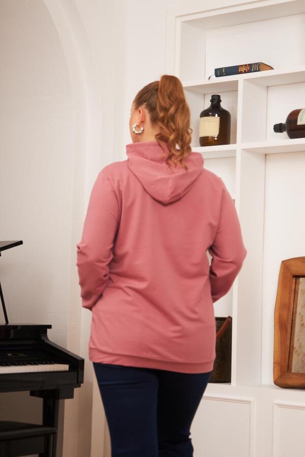 Kapşonlu Büyük Beden Gülkurusu Sweatshirt - 5