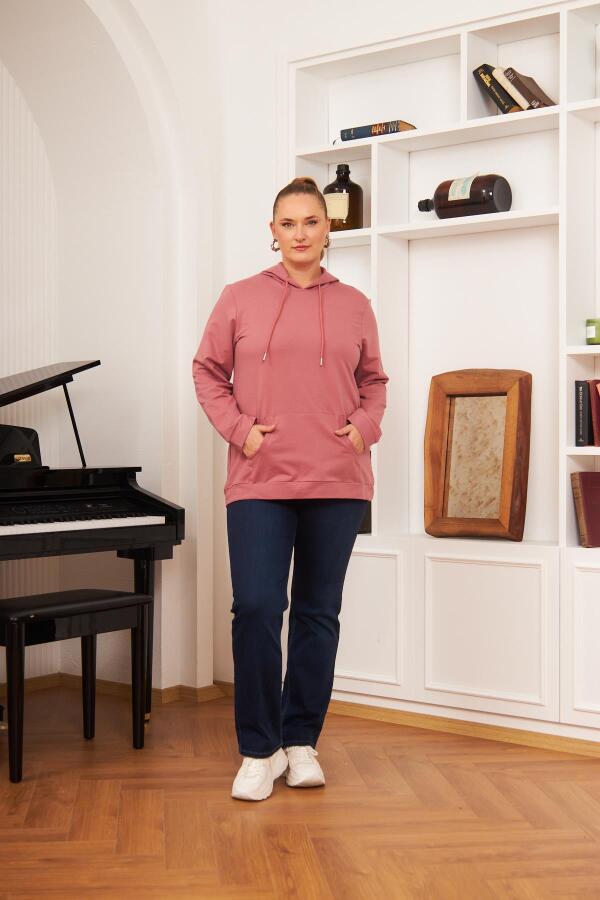 Kapşonlu Büyük Beden Gülkurusu Sweatshirt - 6