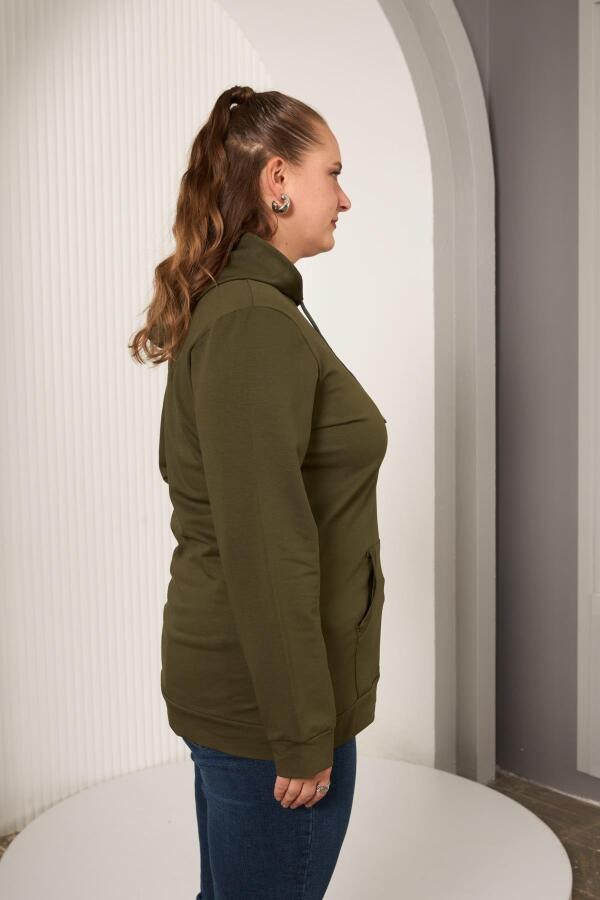 Kapşonlu Büyük Beden Haki Sweatshirt - 3