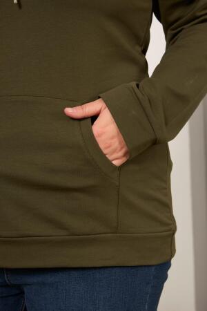 Kapşonlu Büyük Beden Haki Sweatshirt - 4