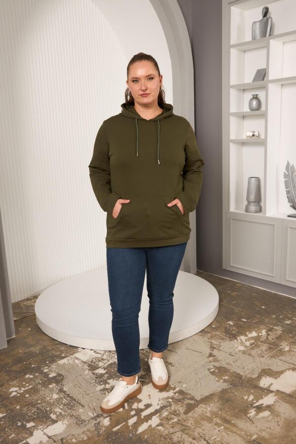 Kapşonlu Büyük Beden Haki Sweatshirt - 6
