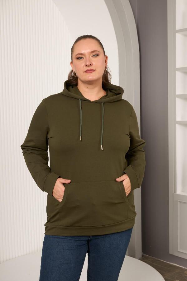 Kapşonlu Büyük Beden Haki Sweatshirt - 1