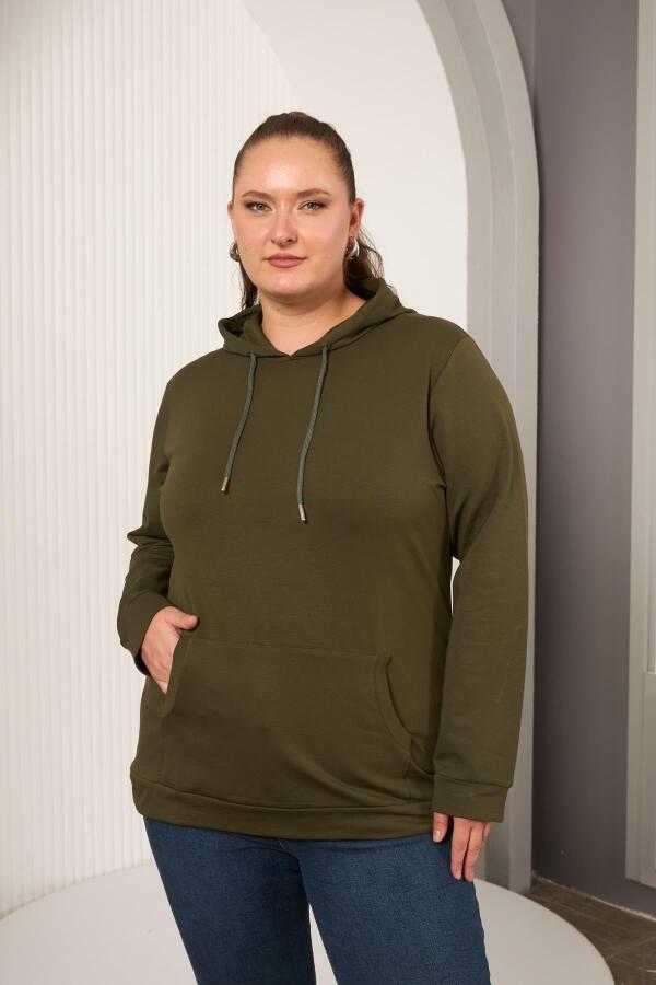 Kapşonlu Büyük Beden Haki Sweatshirt - 2