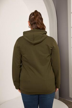 Kapşonlu Büyük Beden Haki Sweatshirt - 5