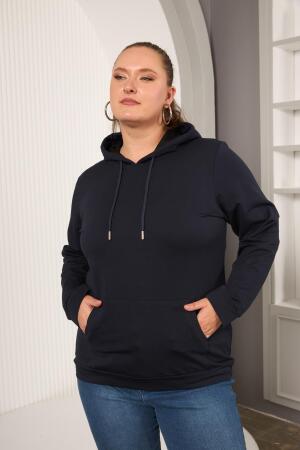 Kapşonlu Büyük Beden Lacivert Sweatshirt - 3