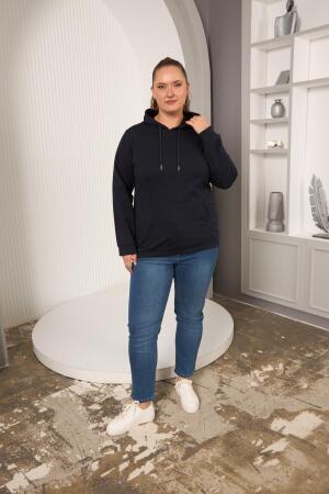 Kapşonlu Büyük Beden Lacivert Sweatshirt - 5