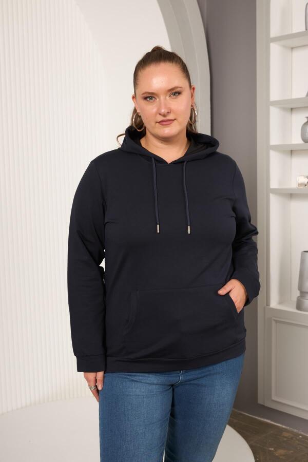 Kapşonlu Büyük Beden Lacivert Sweatshirt - 1