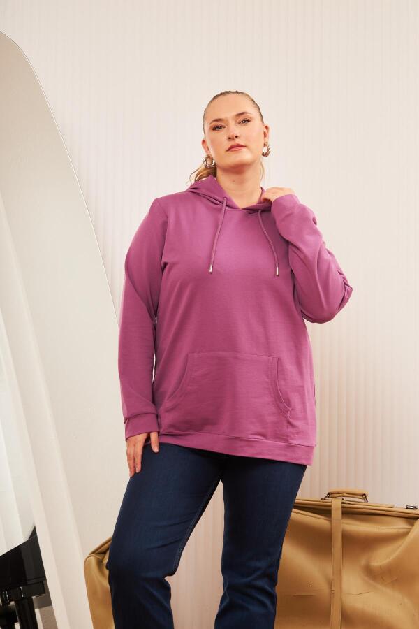 Kapşonlu Büyük Beden Mürdüm Sweatshirt - 1