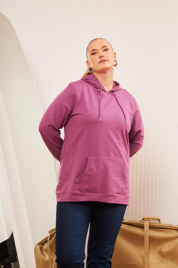 Kapşonlu Büyük Beden Mürdüm Sweatshirt - 2