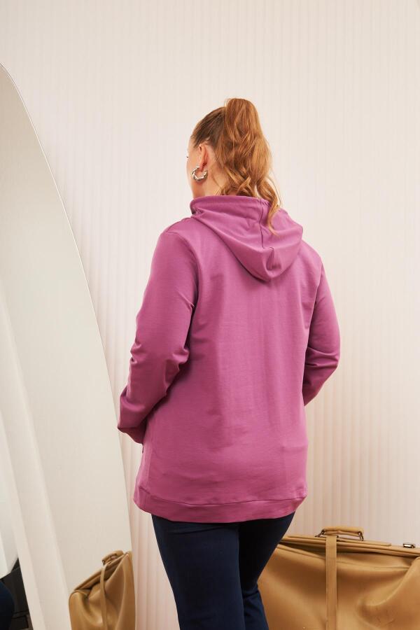 Kapşonlu Büyük Beden Mürdüm Sweatshirt - 4