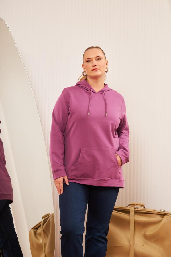 Kapşonlu Büyük Beden Mürdüm Sweatshirt - 5