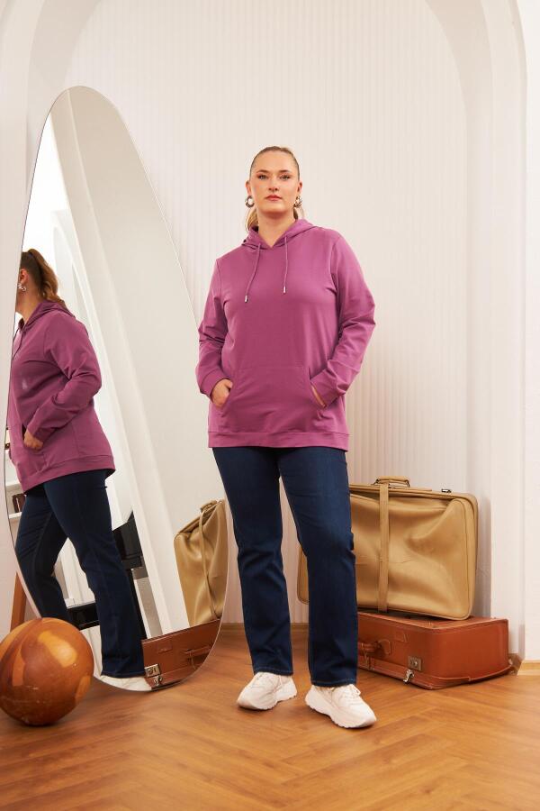 Kapşonlu Büyük Beden Mürdüm Sweatshirt - 6