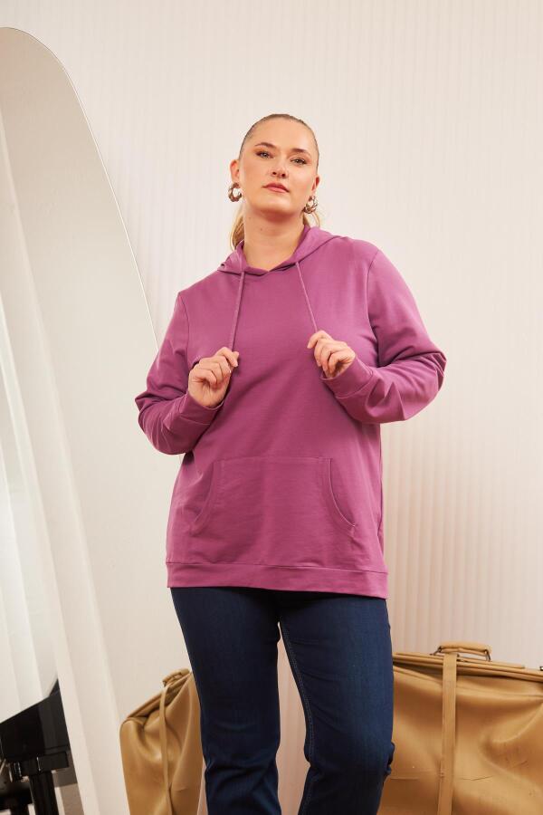 Kapşonlu Büyük Beden Mürdüm Sweatshirt - 3