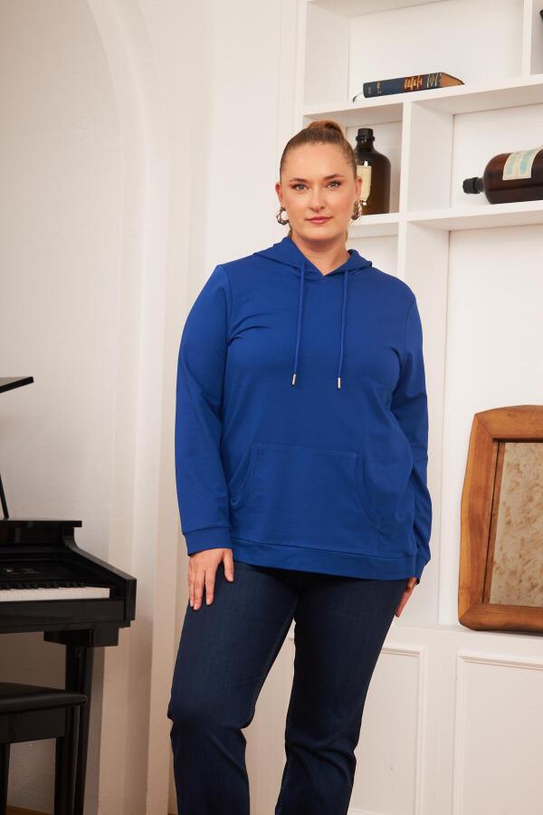 Kapşonlu Büyük Beden Saks Sweatshirt - 3