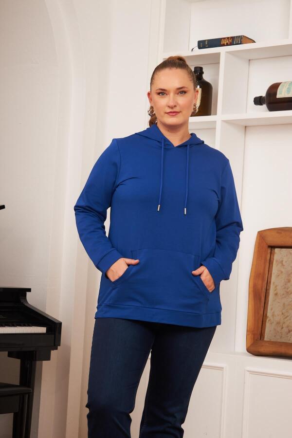 Kapşonlu Büyük Beden Saks Sweatshirt - 1