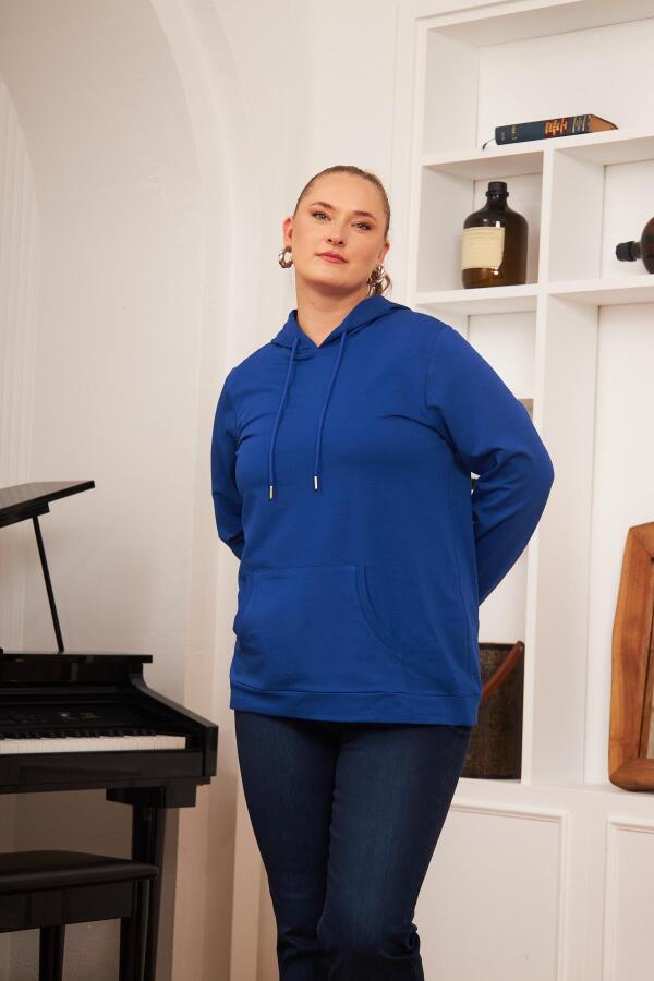 Kapşonlu Büyük Beden Saks Sweatshirt - 2