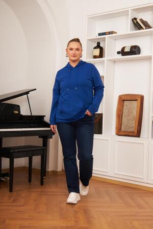 Kapşonlu Büyük Beden Saks Sweatshirt - 4