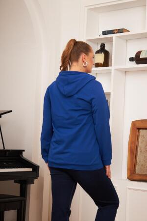 Kapşonlu Büyük Beden Saks Sweatshirt - 5