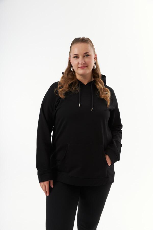 Kapşonlu Büyük Beden Siyah Sweatshirt - 1