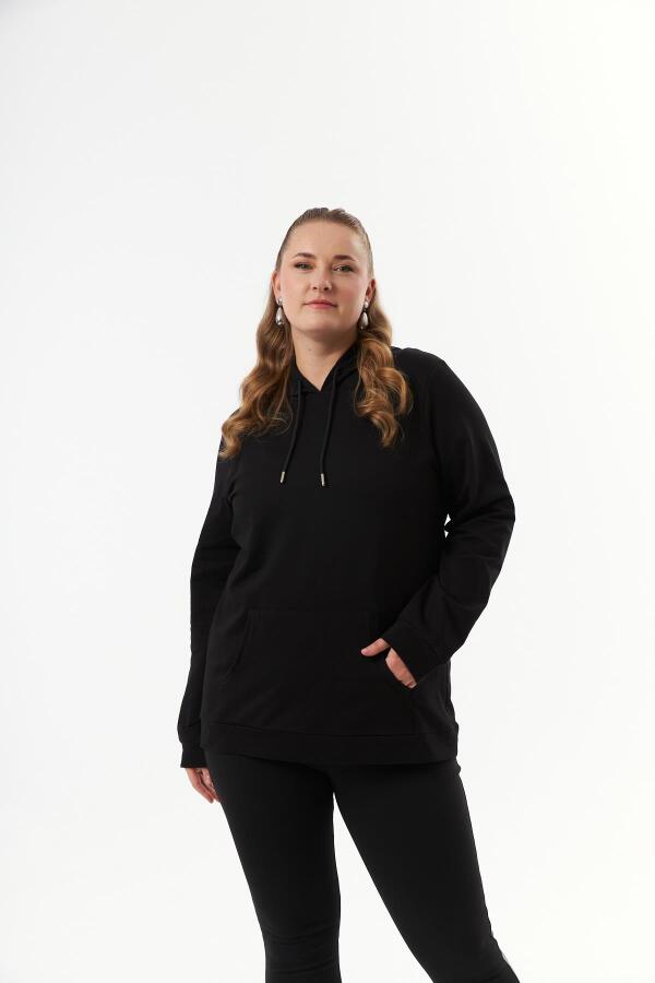 Kapşonlu Büyük Beden Siyah Sweatshirt - 2