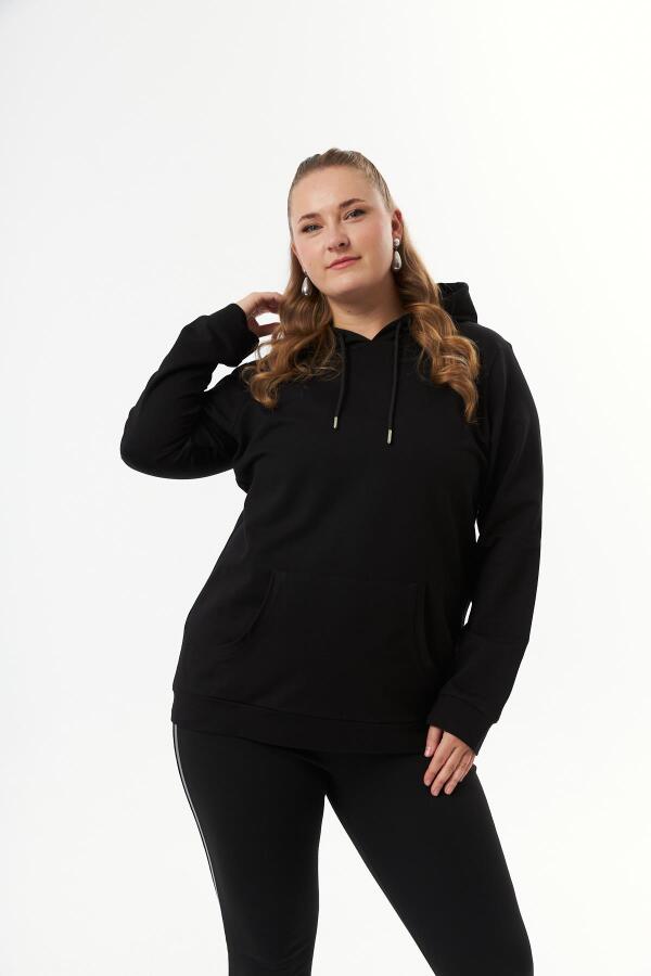 Kapşonlu Büyük Beden Siyah Sweatshirt - 3
