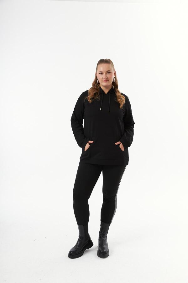 Kapşonlu Büyük Beden Siyah Sweatshirt - 4