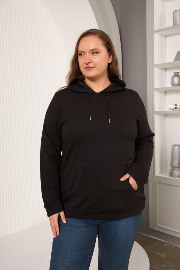 Kapşonlu Büyük Beden Siyah Sweatshirt - 1