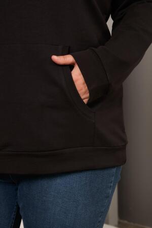 Kapşonlu Büyük Beden Siyah Sweatshirt - 3