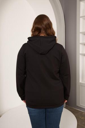 Kapşonlu Büyük Beden Siyah Sweatshirt - 4