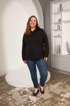 Kapşonlu Büyük Beden Siyah Sweatshirt - 5