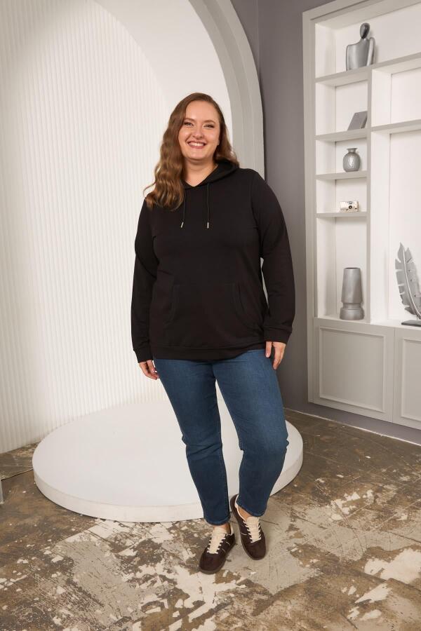 Kapşonlu Büyük Beden Siyah Sweatshirt - 5