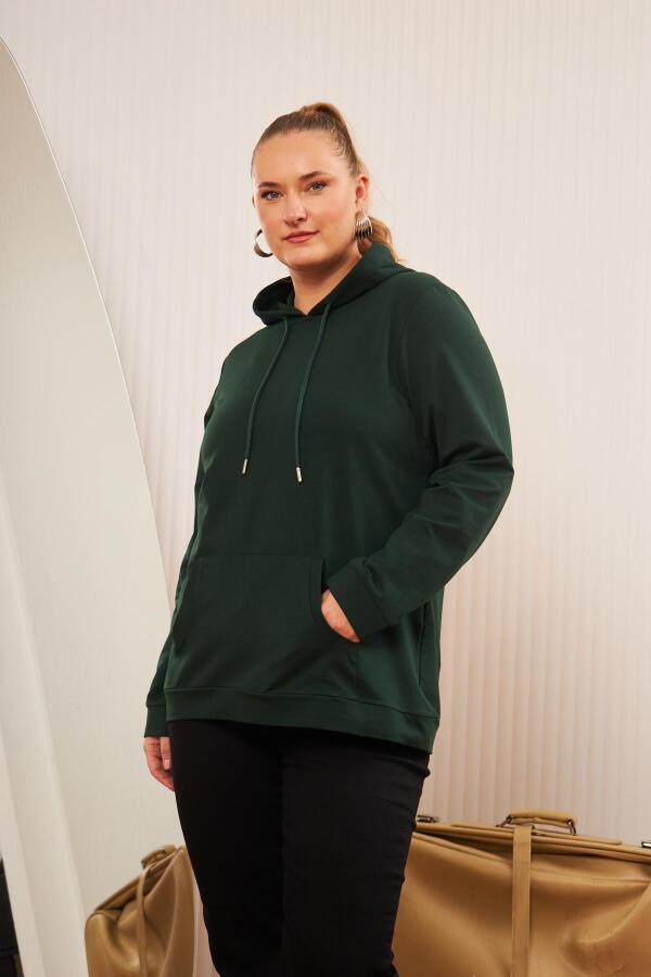 Kapşonlu Büyük Beden Sweatshirt Zümrüt - 2