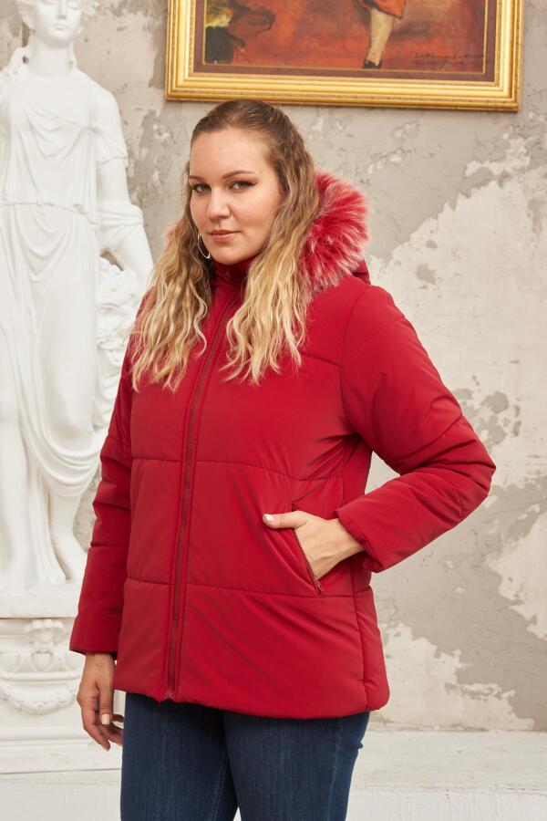 Kapşonlu Mat Kumaş Büyük Beden Kırmızı Şişme Mont - 1