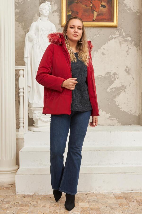 Kapşonlu Mat Kumaş Büyük Beden Kırmızı Şişme Mont - 4