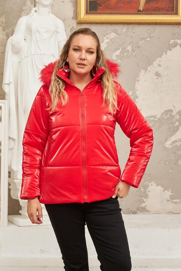 Kapşonlu Parlak Kumaş Büyük Beden Kırmızı Şişme Mont - 6