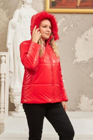 Kapşonlu Parlak Kumaş Büyük Beden Kırmızı Şişme Mont - 8