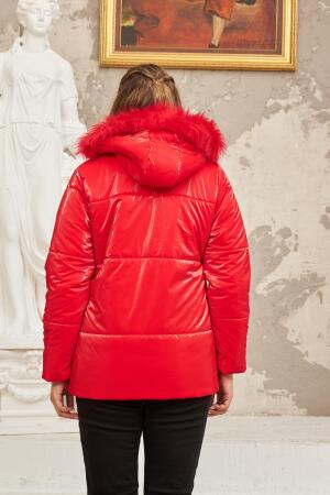 Kapşonlu Parlak Kumaş Büyük Beden Kırmızı Şişme Mont - 9