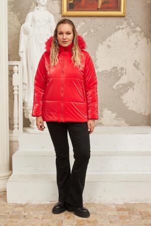 Kapşonlu Parlak Kumaş Büyük Beden Kırmızı Şişme Mont - 10