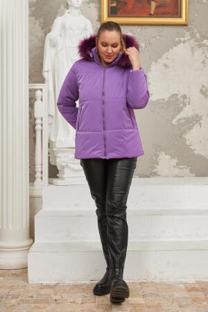 Kapşonlu Parlak Kumaş Büyük Beden Mor Şişme Mont - 5